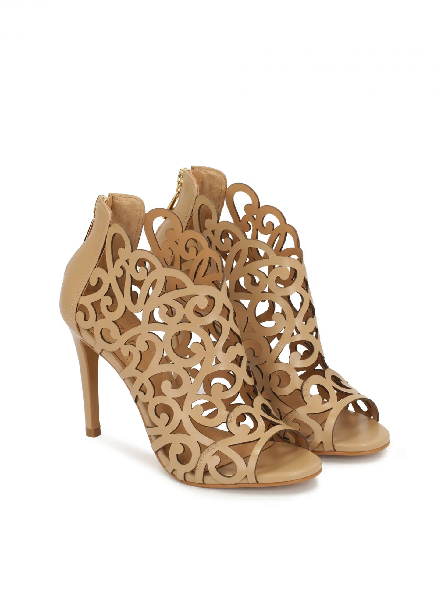 Beżowe botki peep toe z wyciętą cholewką