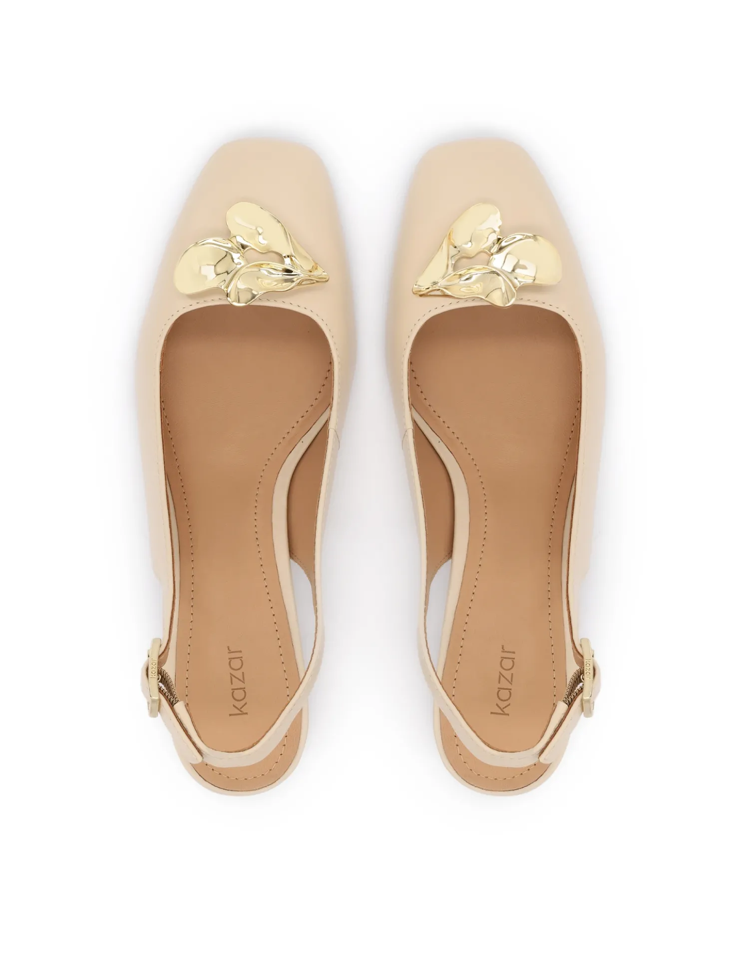 Beżowe czółenka slingback ze skóry naturalnej z biżuteryjną ozdobą