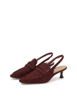 Bordowe czółenka slingback z włosiem