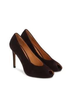 Brązowe czółenka peep toe z zamszu
