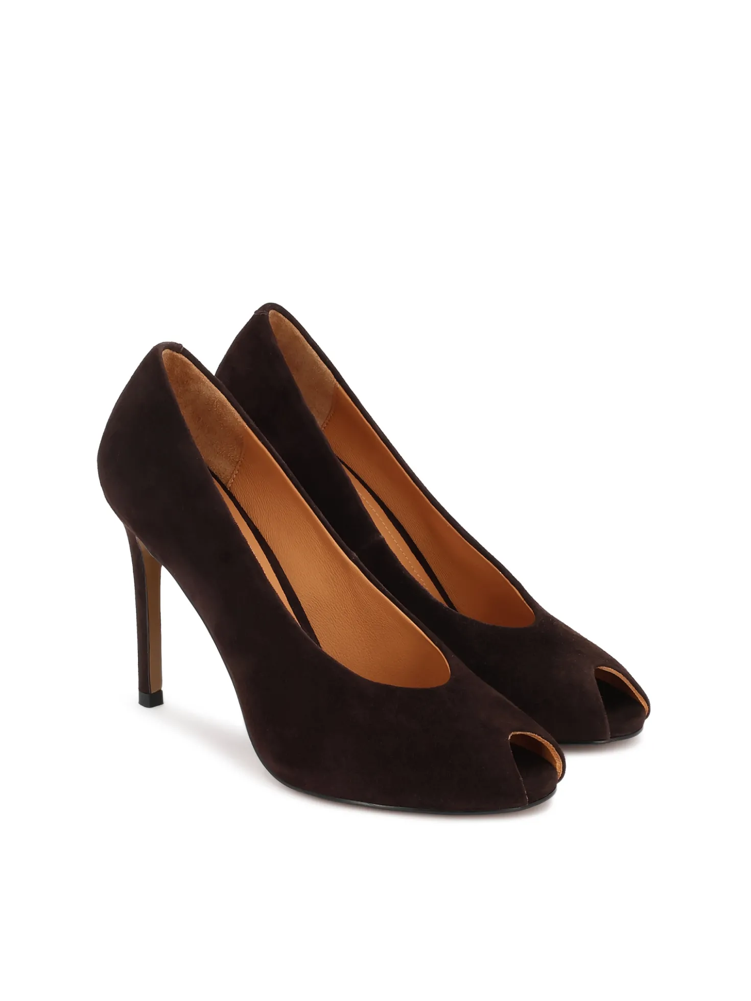 Brązowe czółenka peep toe z zamszu