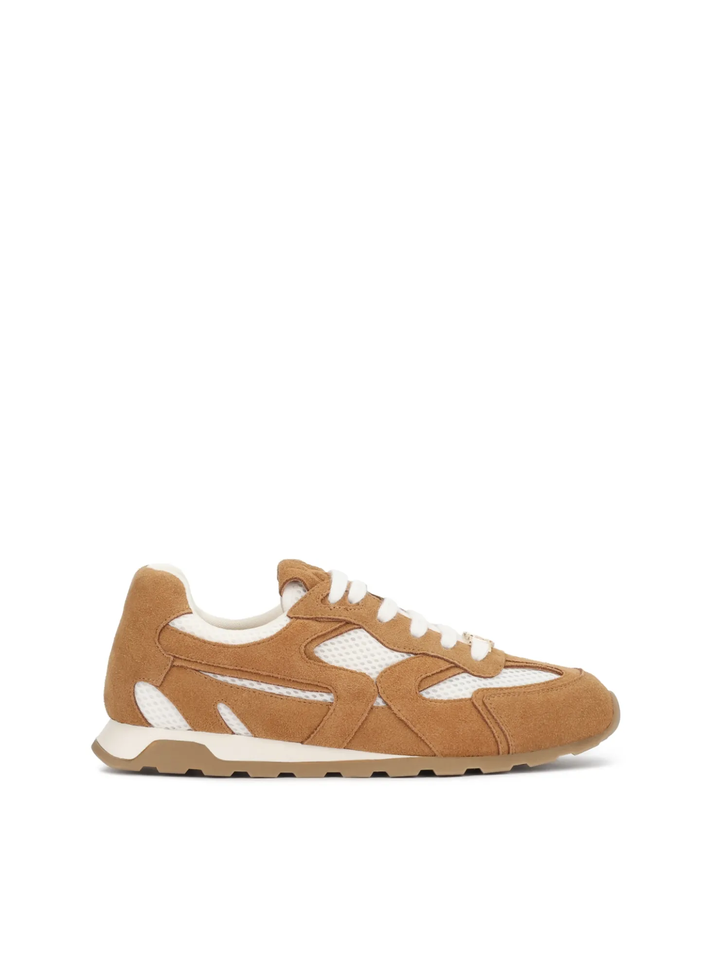 Brązowe sneakersy z zamszu i białej tkaniny z monogramem na sznurówkach