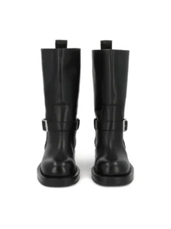 Czarne botki biker ze skóry naturalnej z ozdobnym paskiem