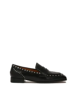Czarne półbuty slip-on ze srebrnymi metalowymi nitami