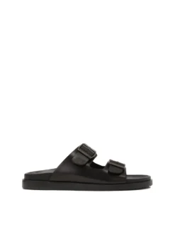 Czarne skórzane klapki ze sprzączkami