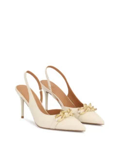 Czółenka slingback w odcieniu złamanej bieli z biżuteryjną ozdobą