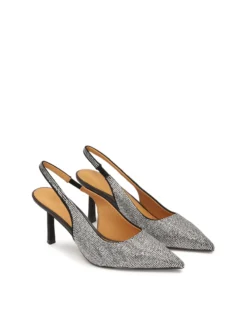 Czółenka slingback wysadzane srebrnymi kryształkami