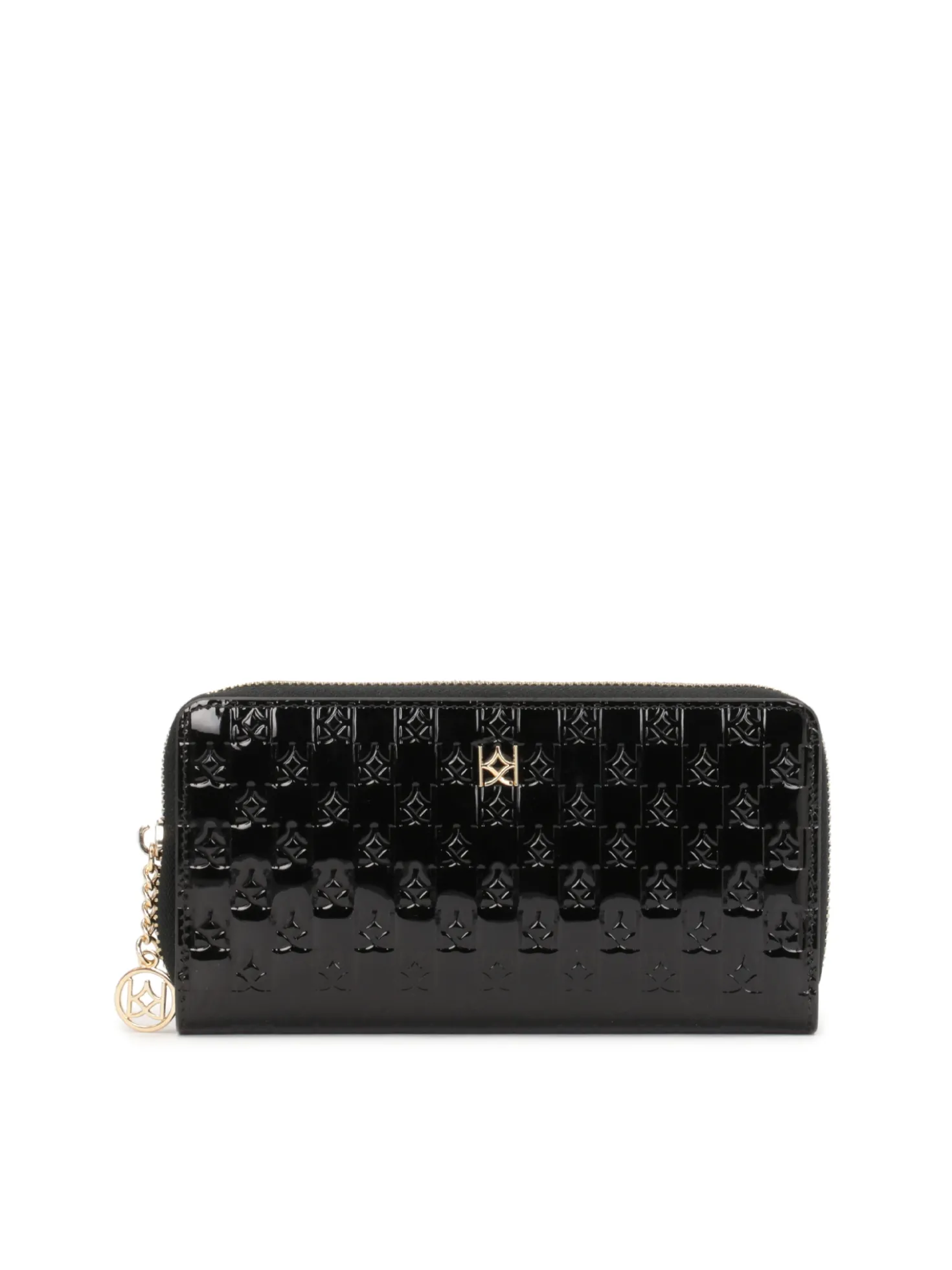 Duży czarny portfel z lakierowanej skóry z tłoczonym wzorem
