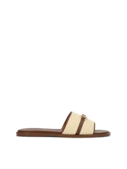 Letnie klapki z rafii i brązowej skóry z eleganckim monogramem