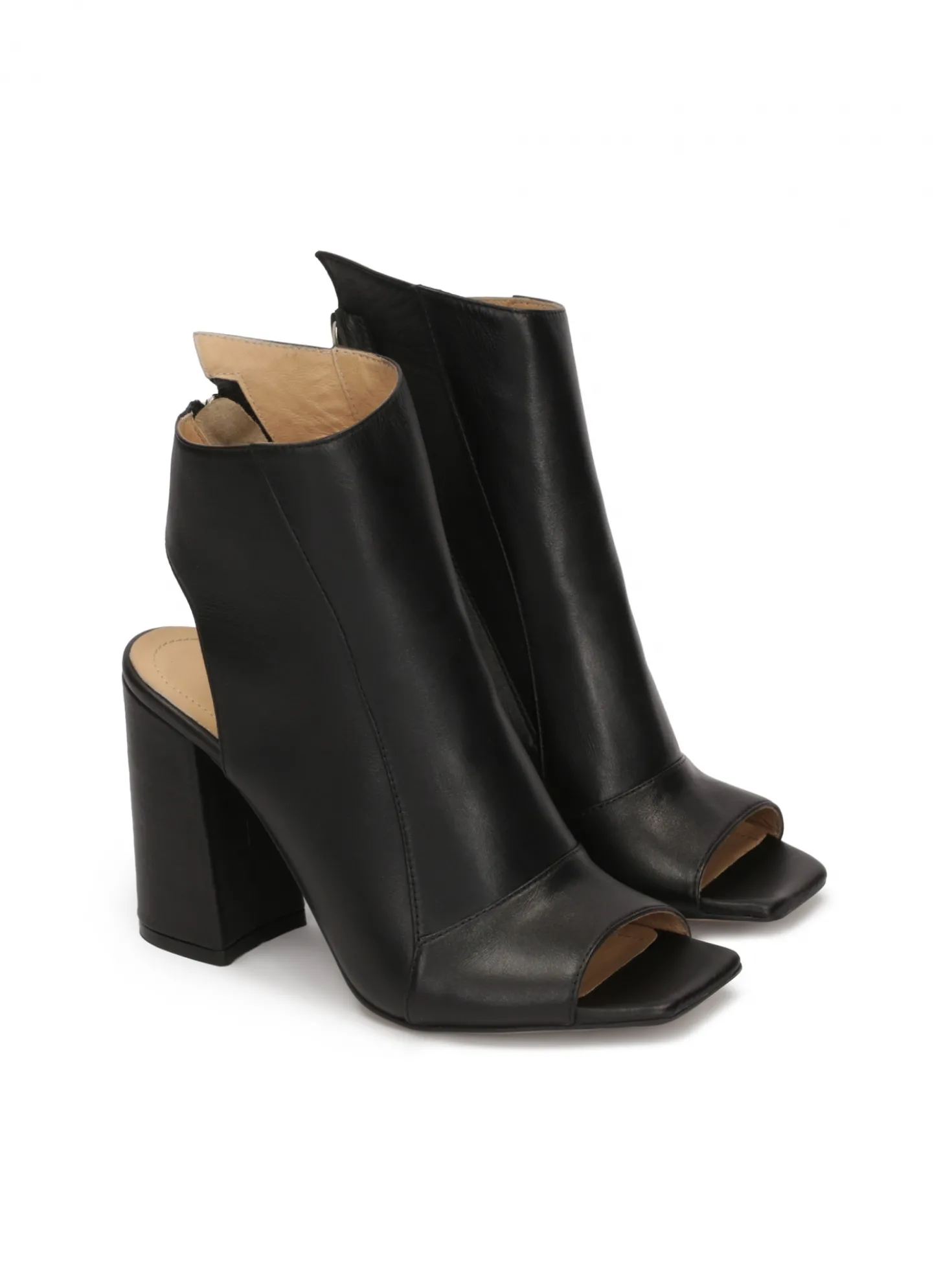 Skórzane botki peep toe z odkrytymi noskami i piętą