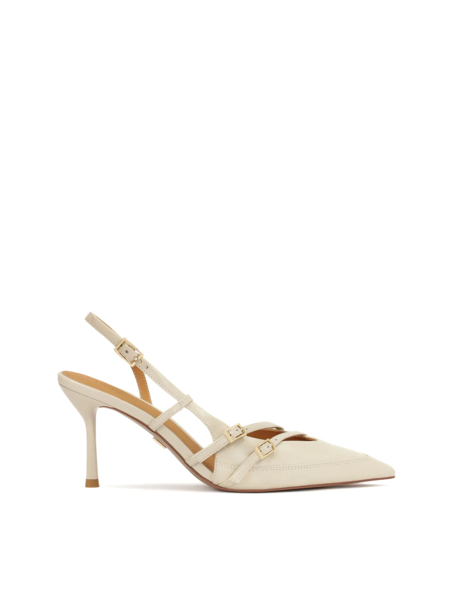 Skórzane czółenka slingback zdobione paskami
