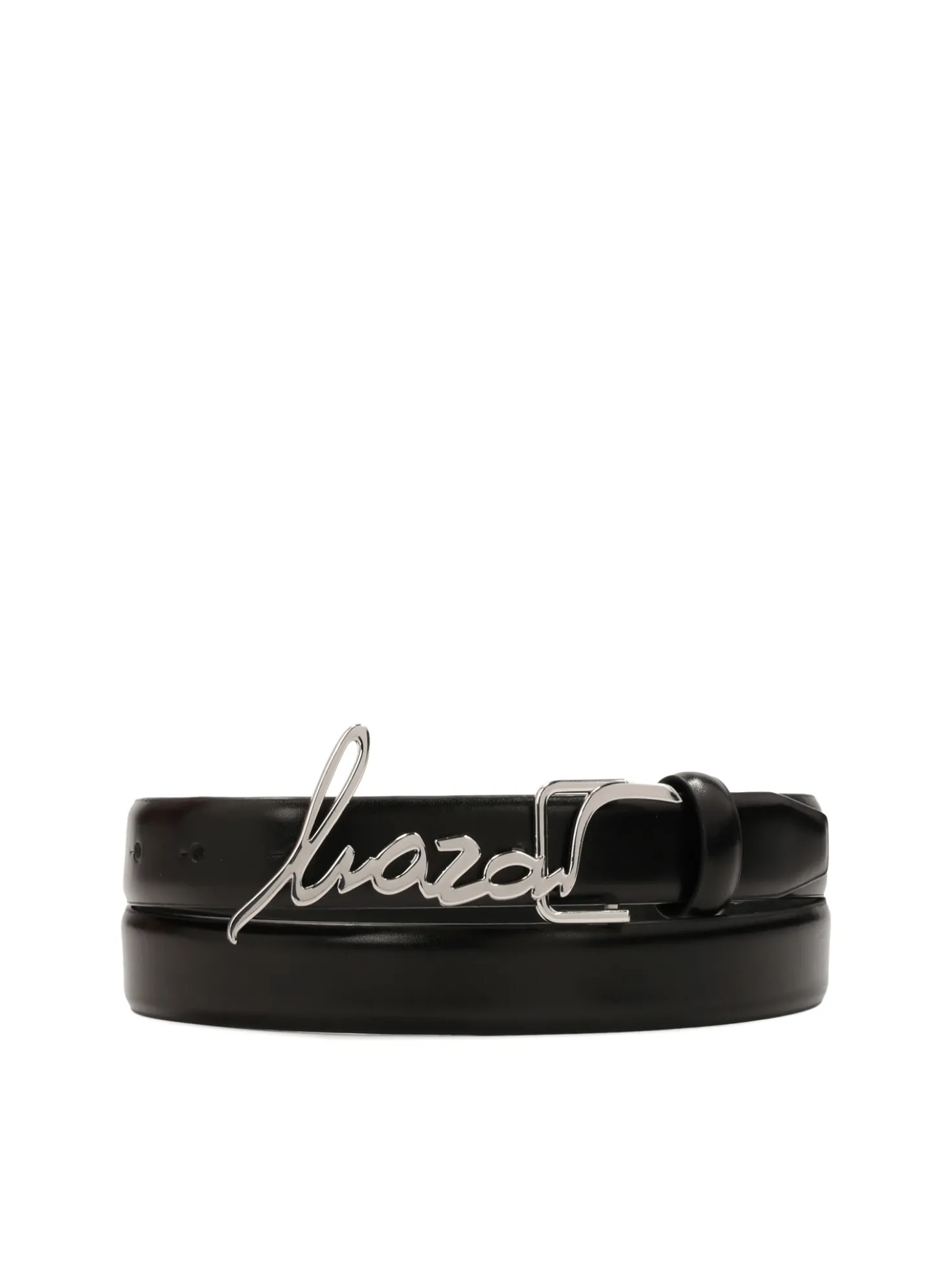 Wąski pasek z metalową klamrą logotypem
