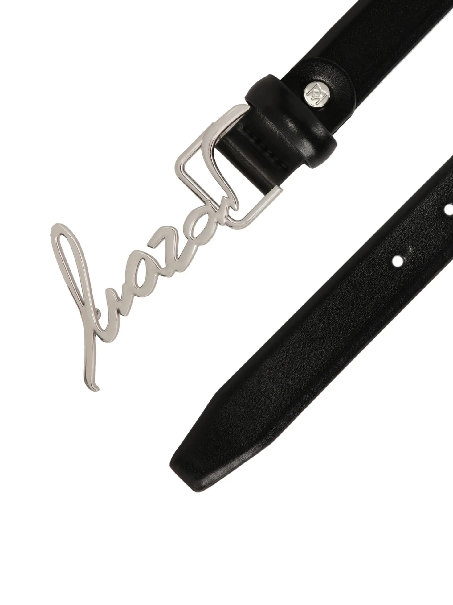 Wąski pasek z metalową klamrą logotypem